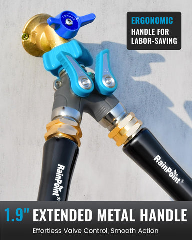 RAINPOINT hose splitter metal body closeup showcases 100% metal construction.