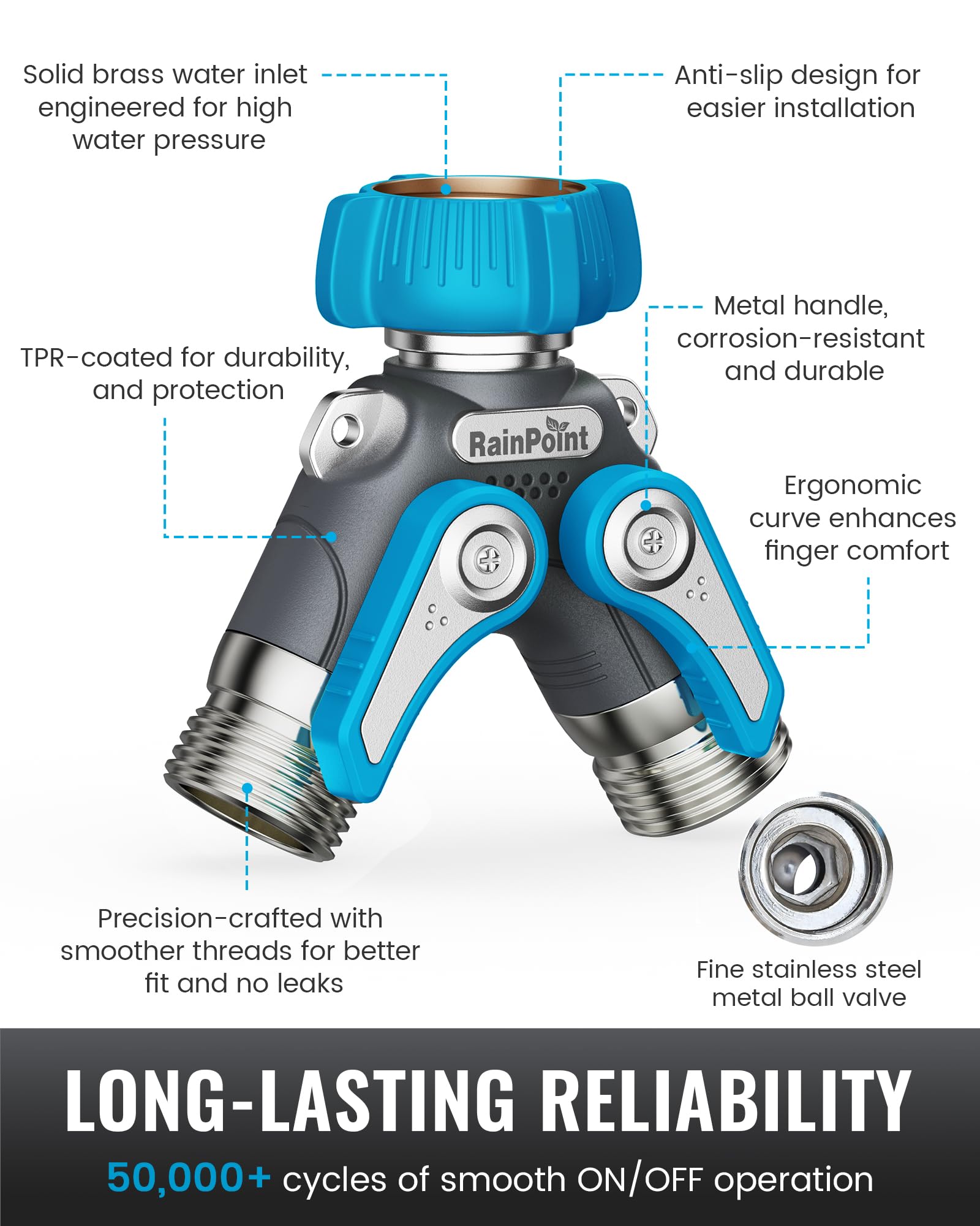 RAINPOINT hose splitter side view shows long 1.9 inch handle for easy control.