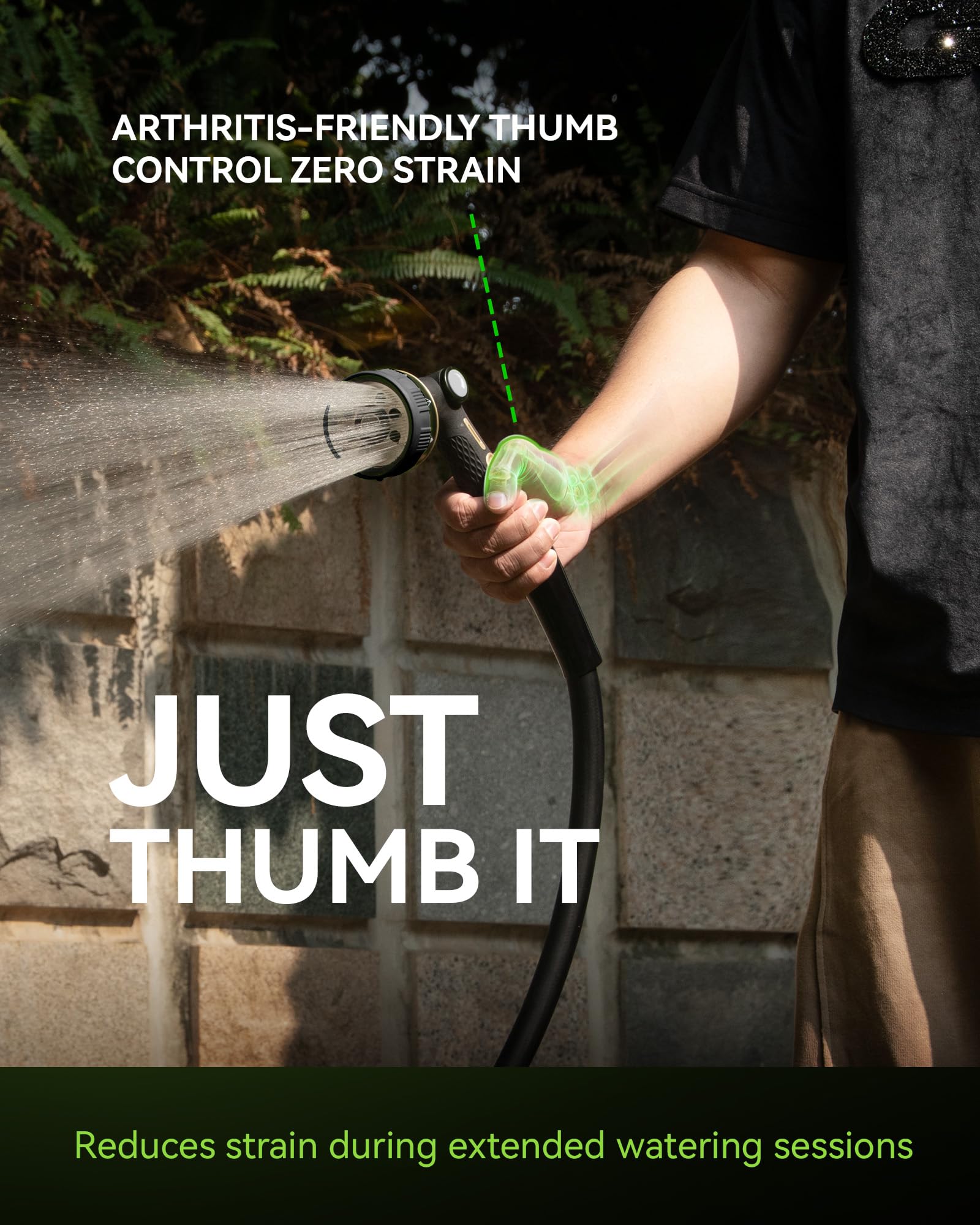 RainPoint nozzle with thumb control for comfortable long watering sessions