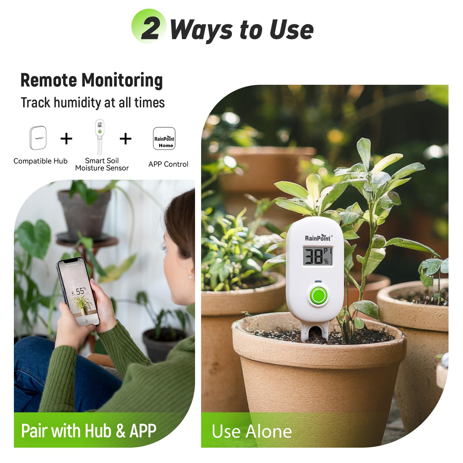 RAINPOINT device shown for indoor and outdoor plant use across pots and beds.