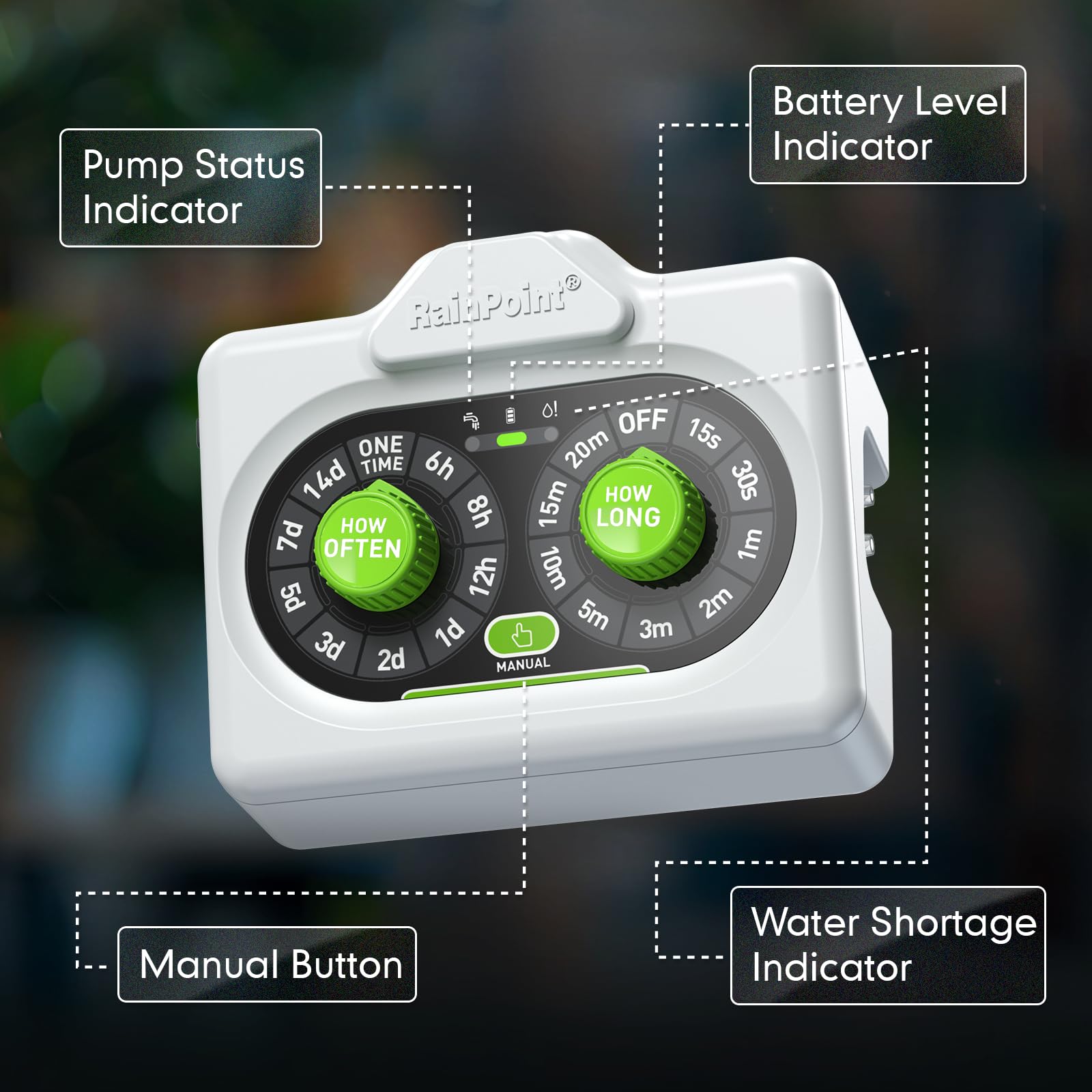 RAINPOINT IP54 outdoor-ready design withstands weather while watering plants.