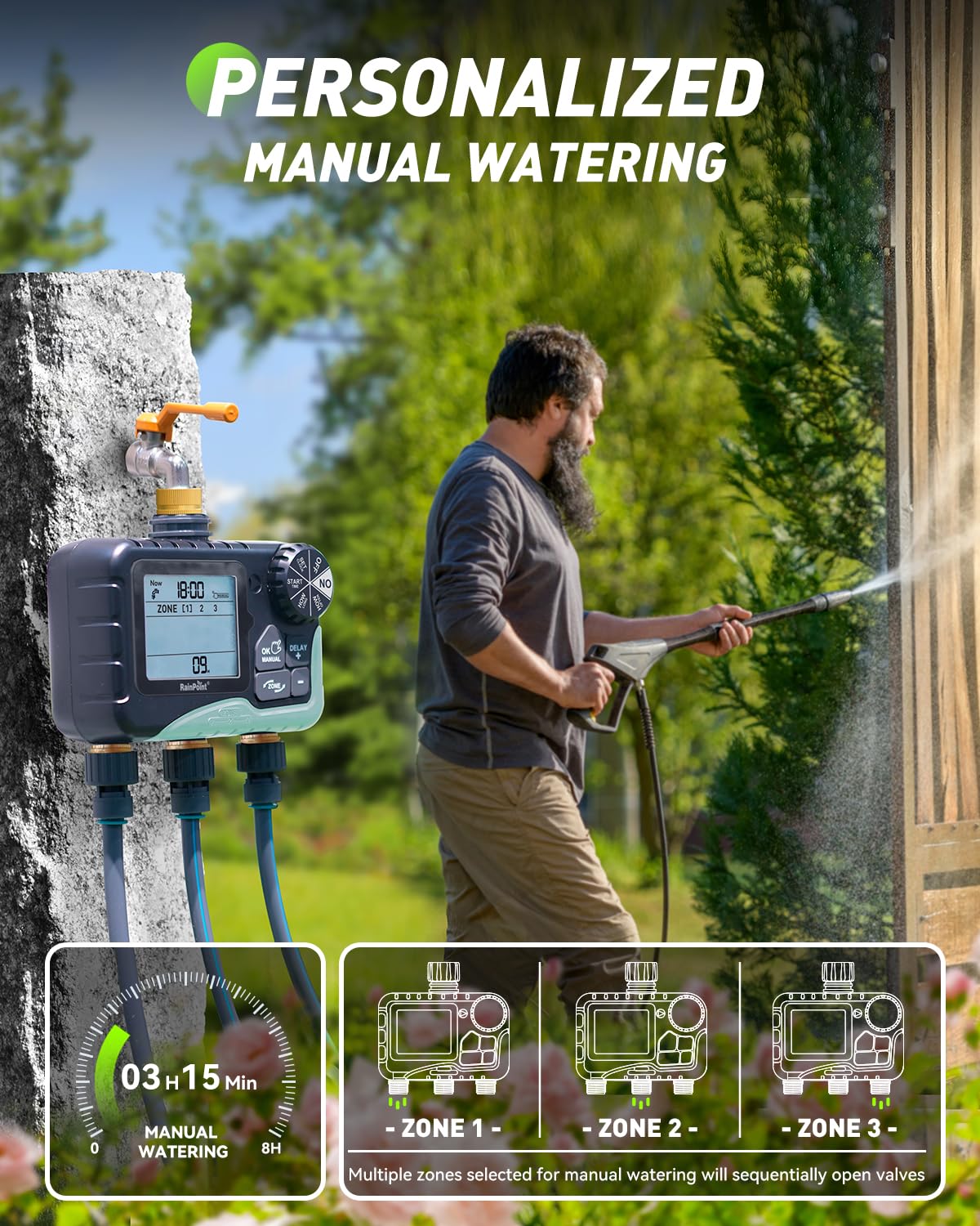Rainpoint IP65 waterproof housing protects against outdoor weather.