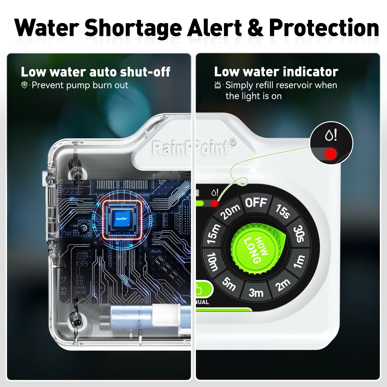 RAINPOINT low-water LED indicator with auto shut-off