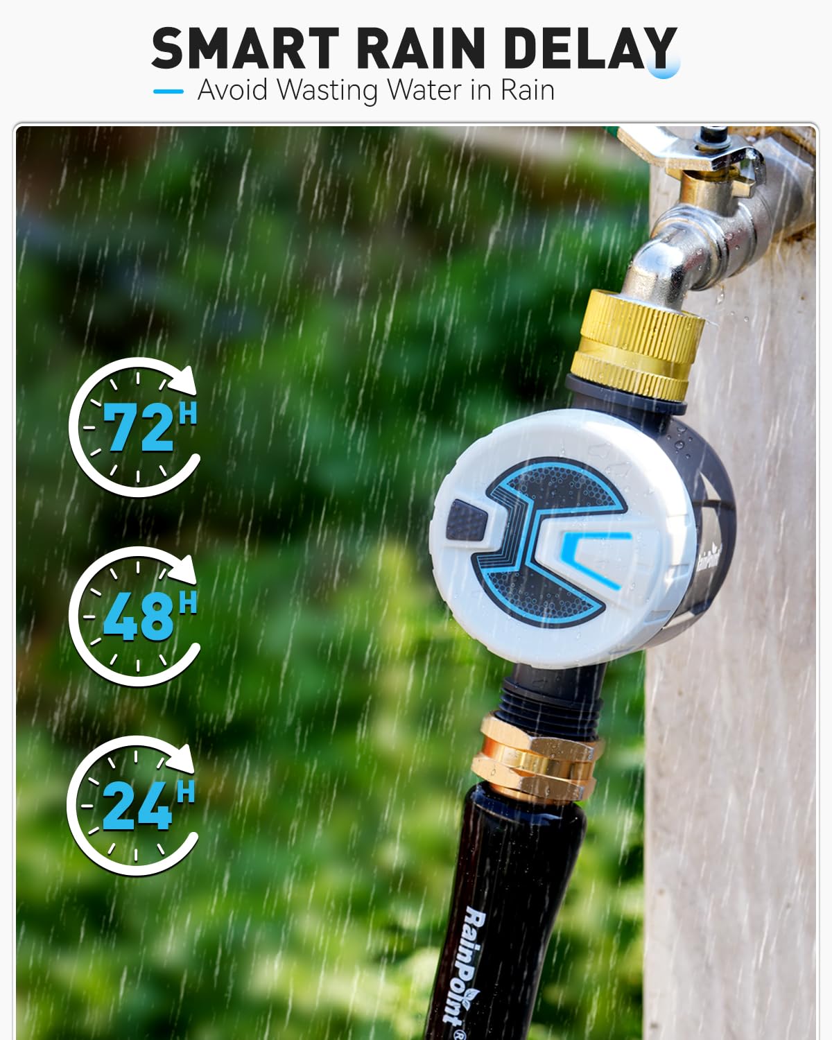 RAINPOINT brass inlet and swivel ensures reliable, leak-resistant hose connections.