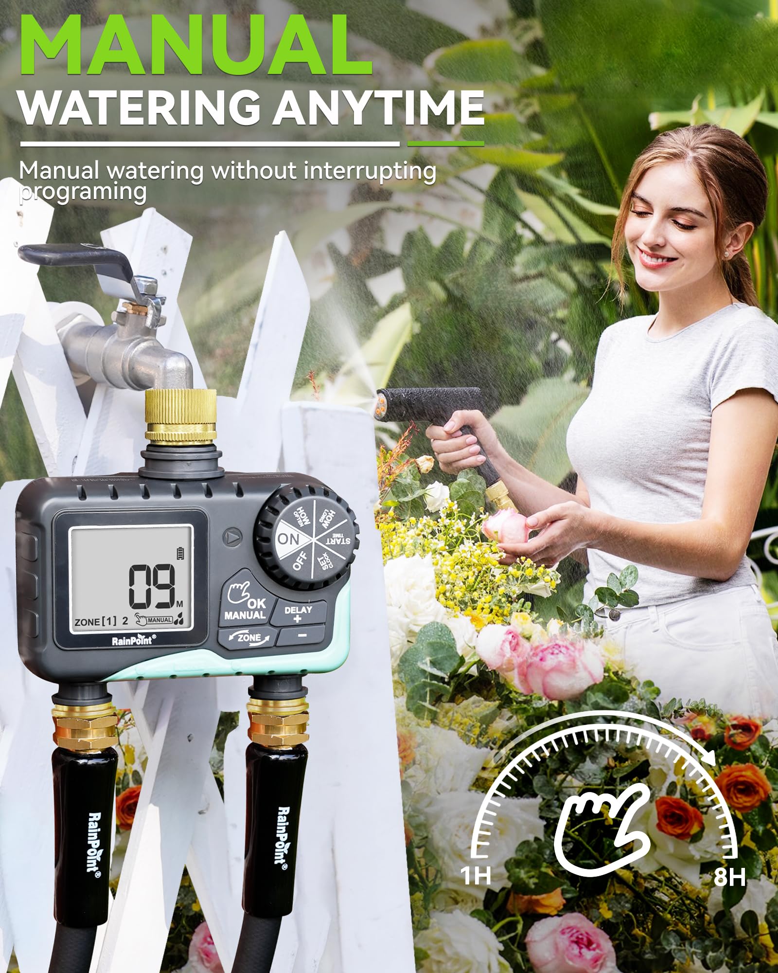 RAINPOINT manual watering mode enables spot watering without disruption.