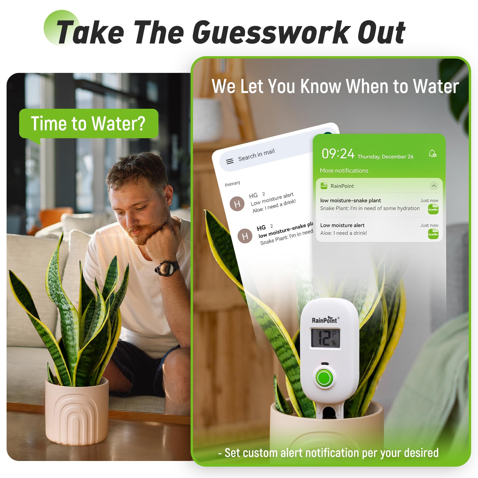 RAINPOINT moisture alert signals when soil is too dry or wet.
