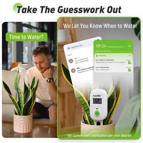 RAINPOINT moisture alert signals when soil is too dry or wet.
