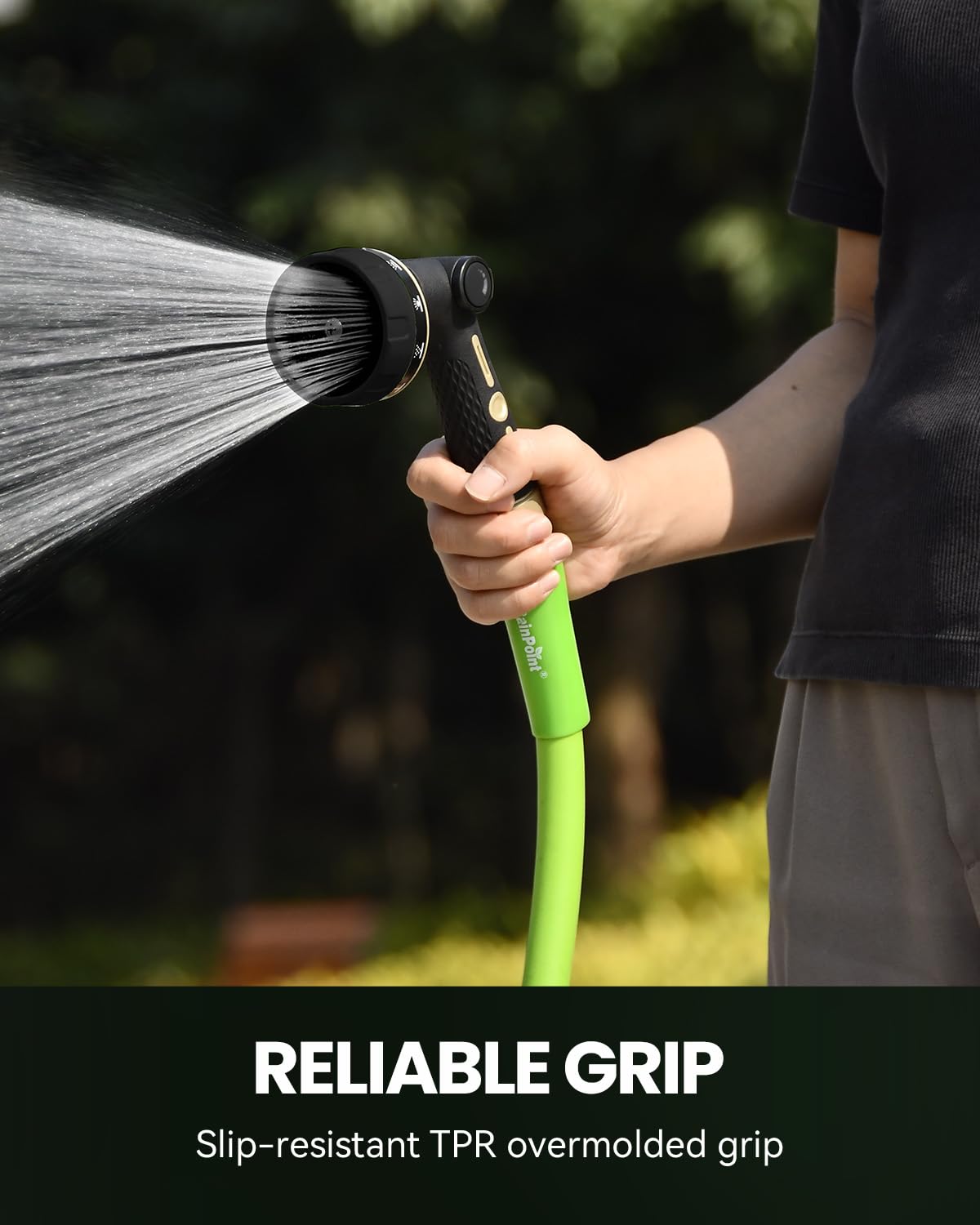 Rainpoint nozzle three-quarter-inch threading fits standard hoses.