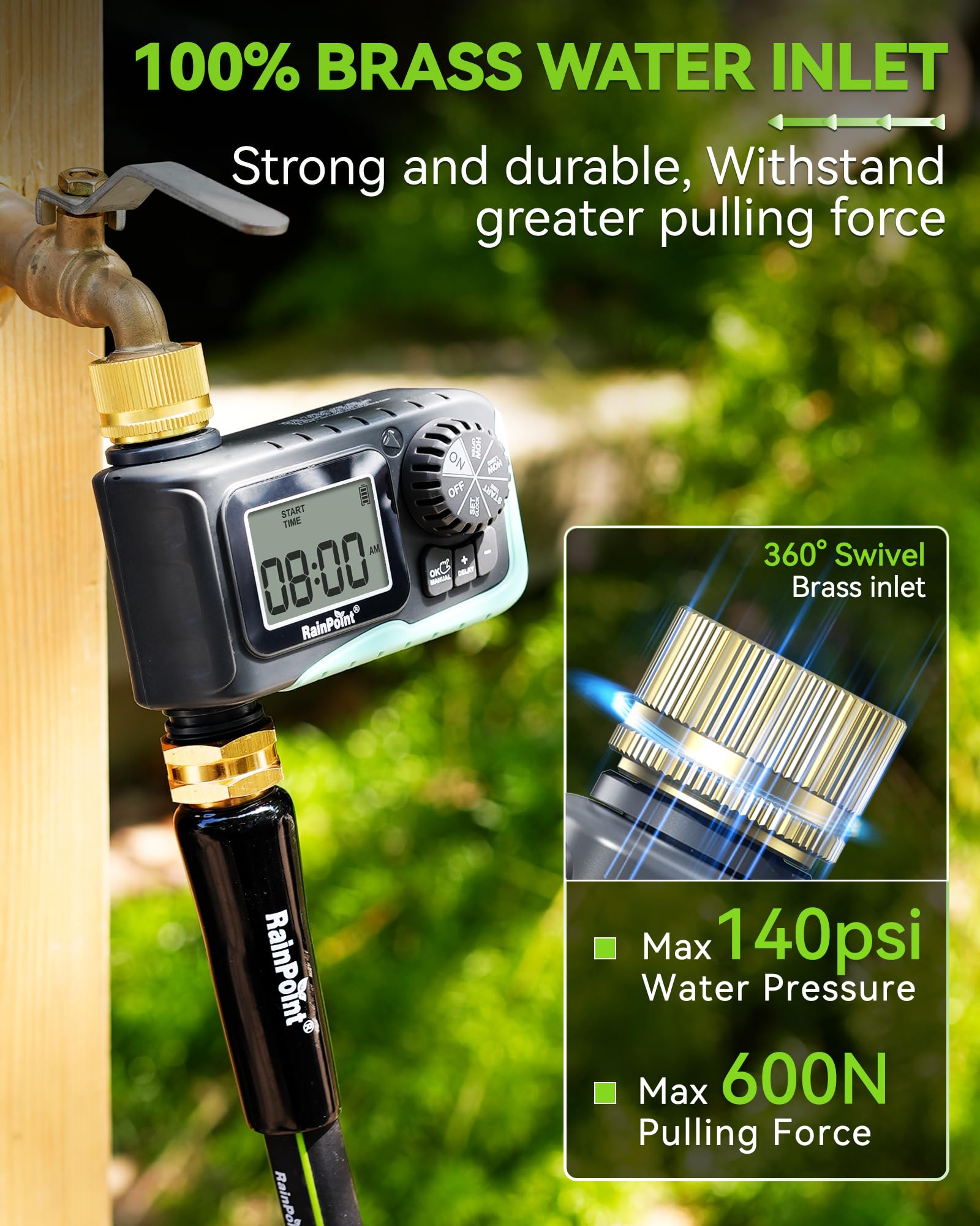 RAINPOINT rain delay function helps adapt watering to weather.