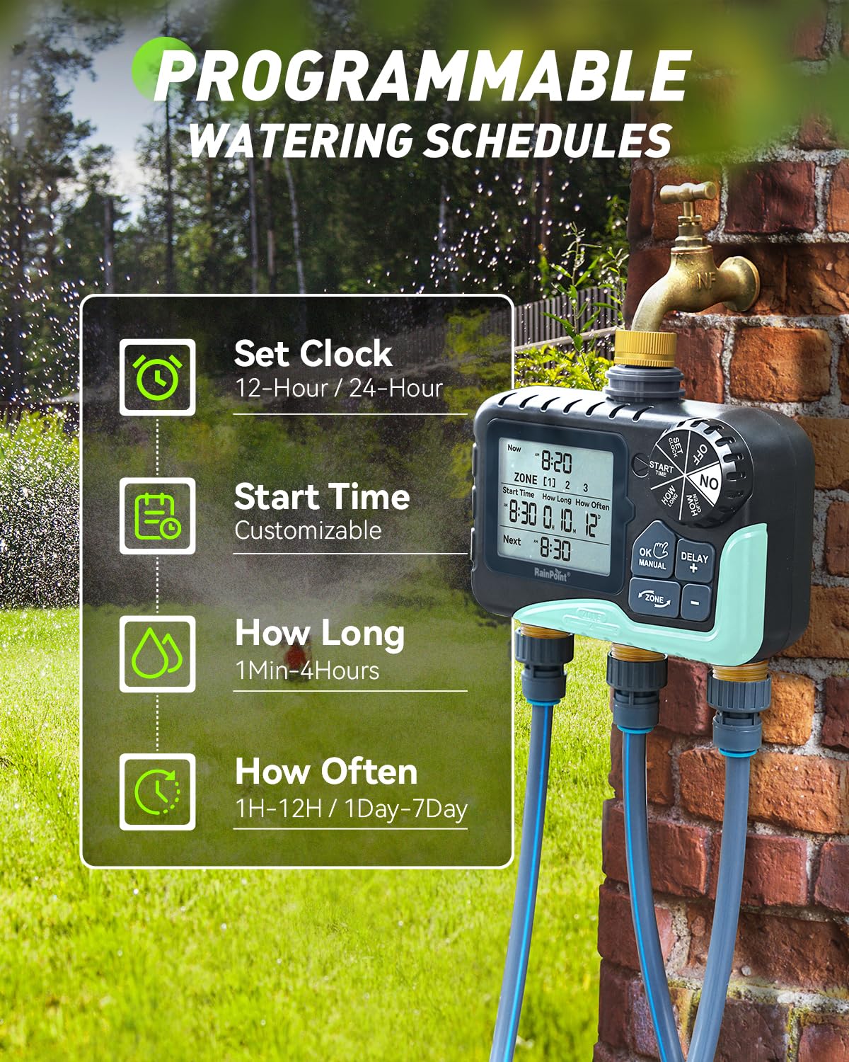 Rainpoint rain-delay feature helps conserve water during rain events.