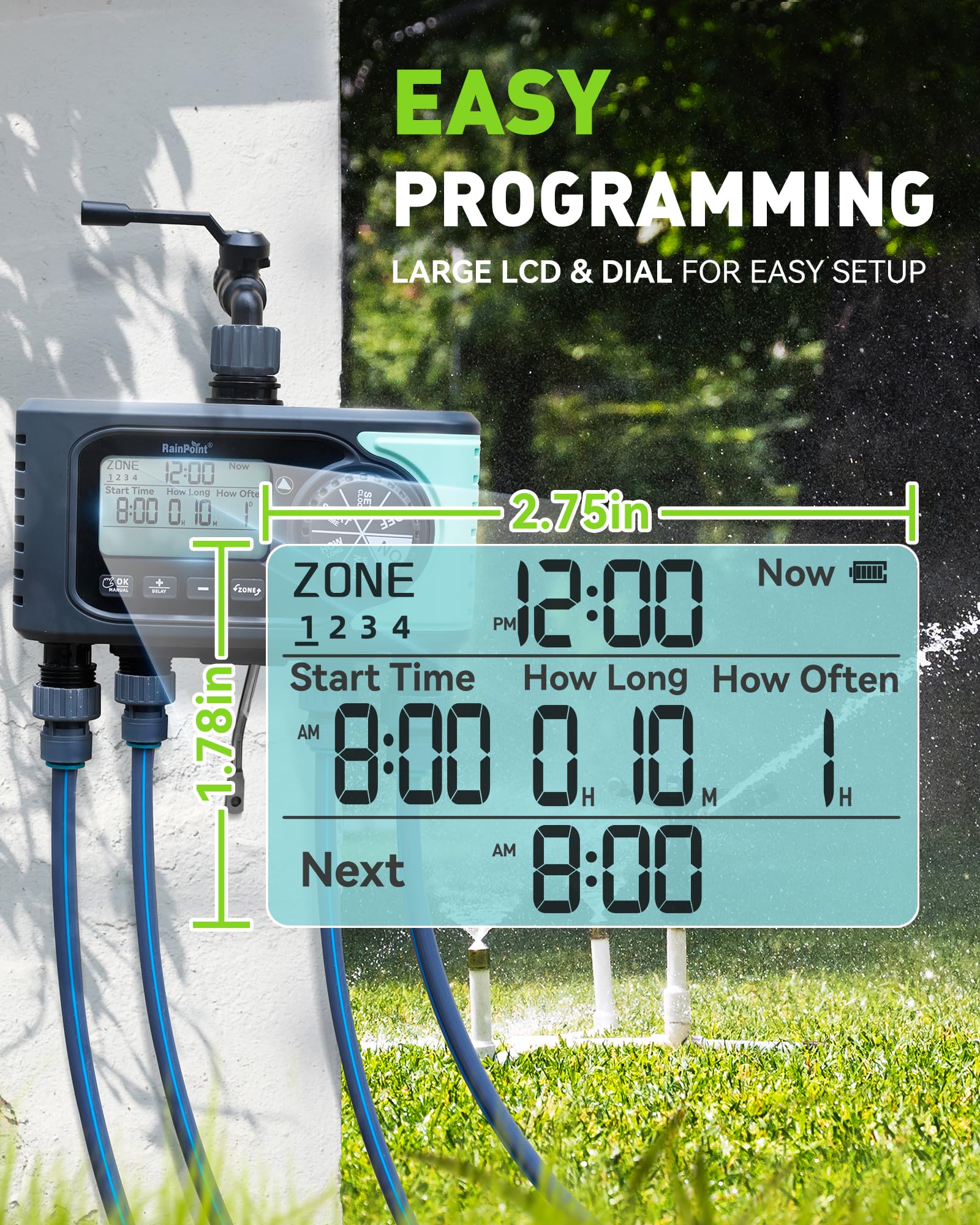 RAINPOINT rain-delay and manual watering allow flexible irrigation when needed