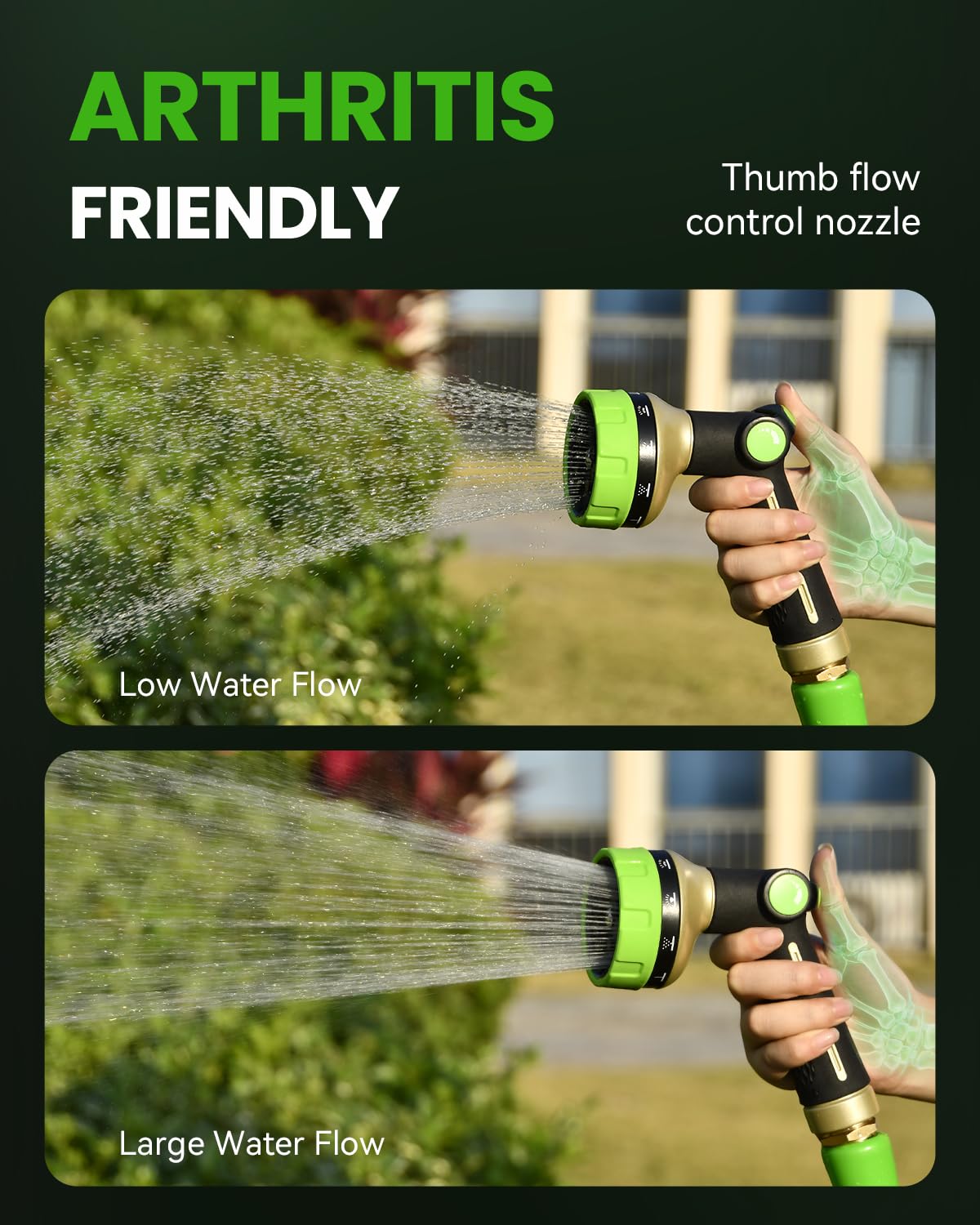 RAINPOINT rotating dial highlights ten spray patterns for watering and cleaning tasks.