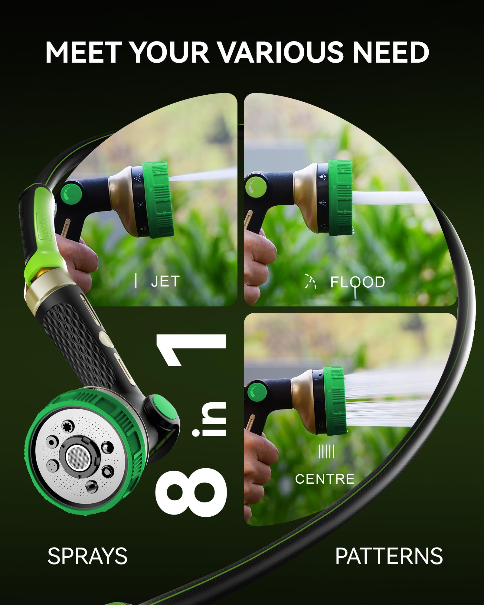 RAINPOINT heavy-duty nozzle resists rust and wear for outdoor use.