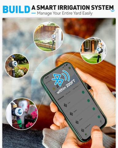 RAINPOINT smart irrigation timer shows app-controlled watering across zones.