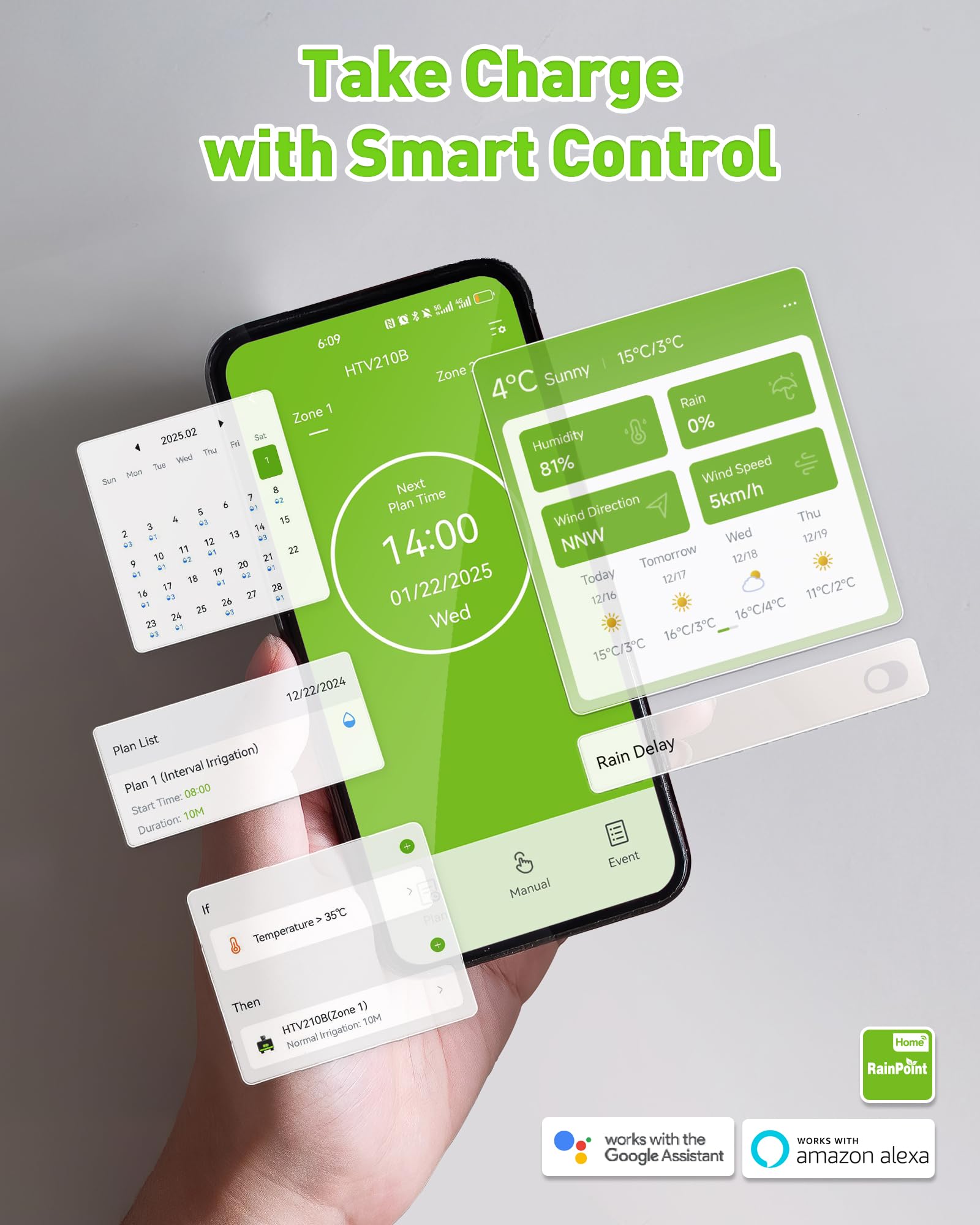 RainPoint smart scenes link devices for weather-aware irrigation.