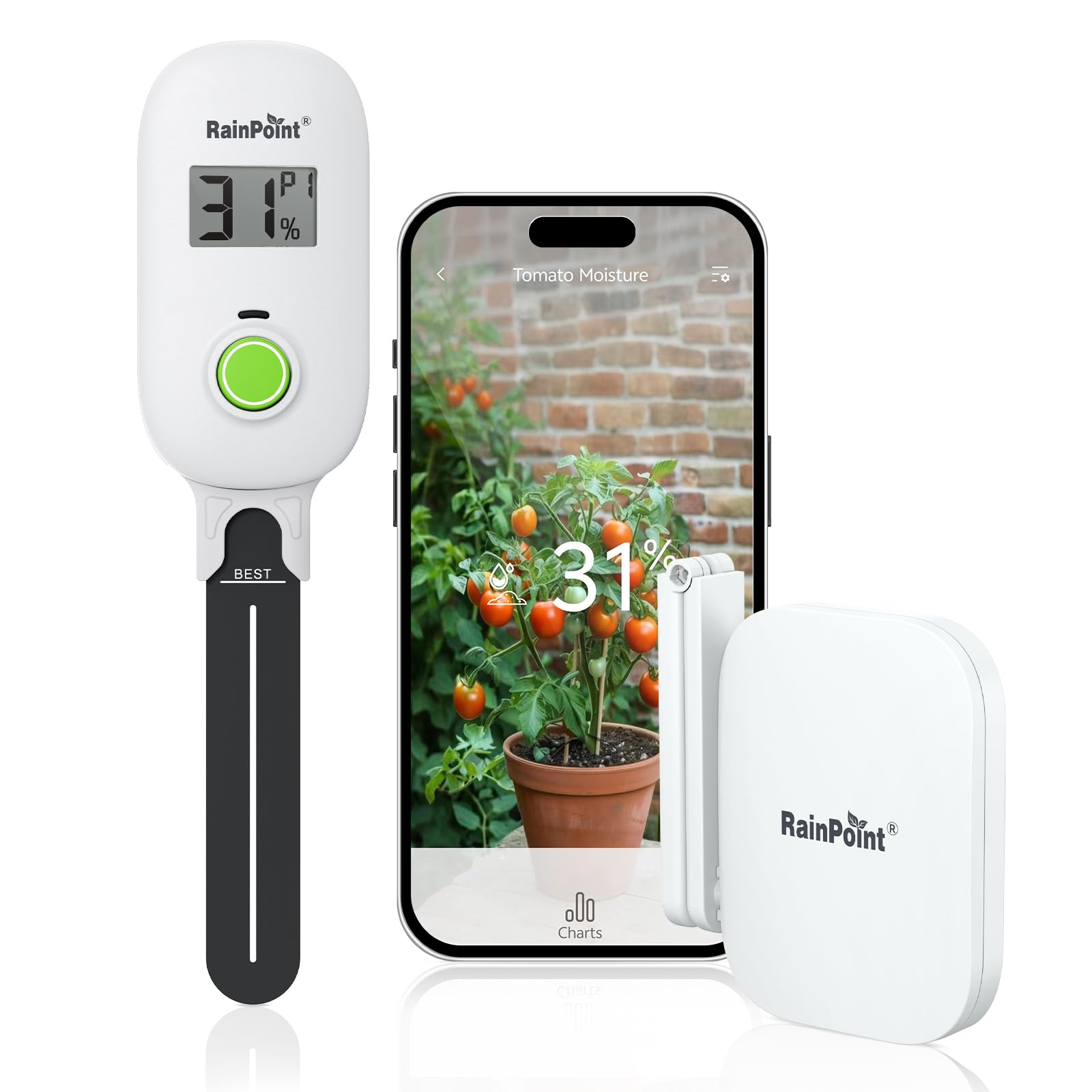 RAINPOINT smart soil moisture meter display shows at-a-glance readings for easy watering.