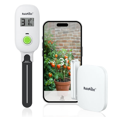 RAINPOINT smart soil moisture meter display shows at-a-glance readings for easy watering.