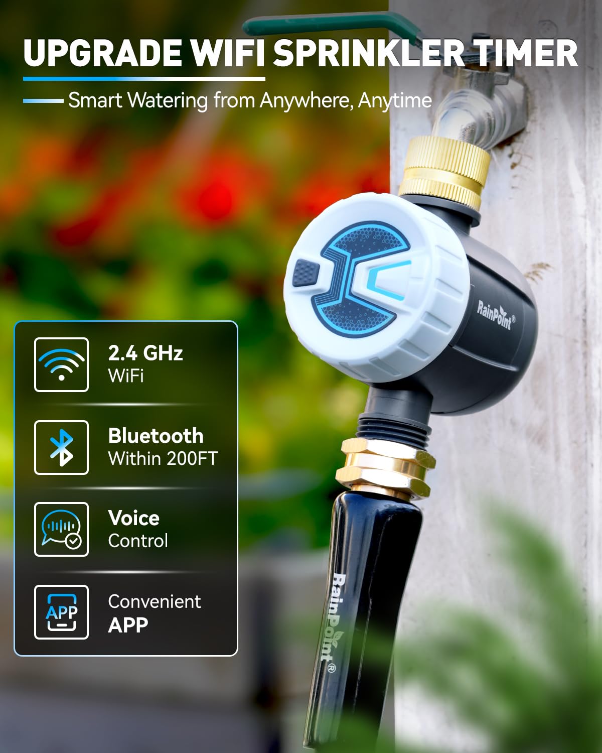 RainPoint timer app control on smartphone for irrigation scheduling.