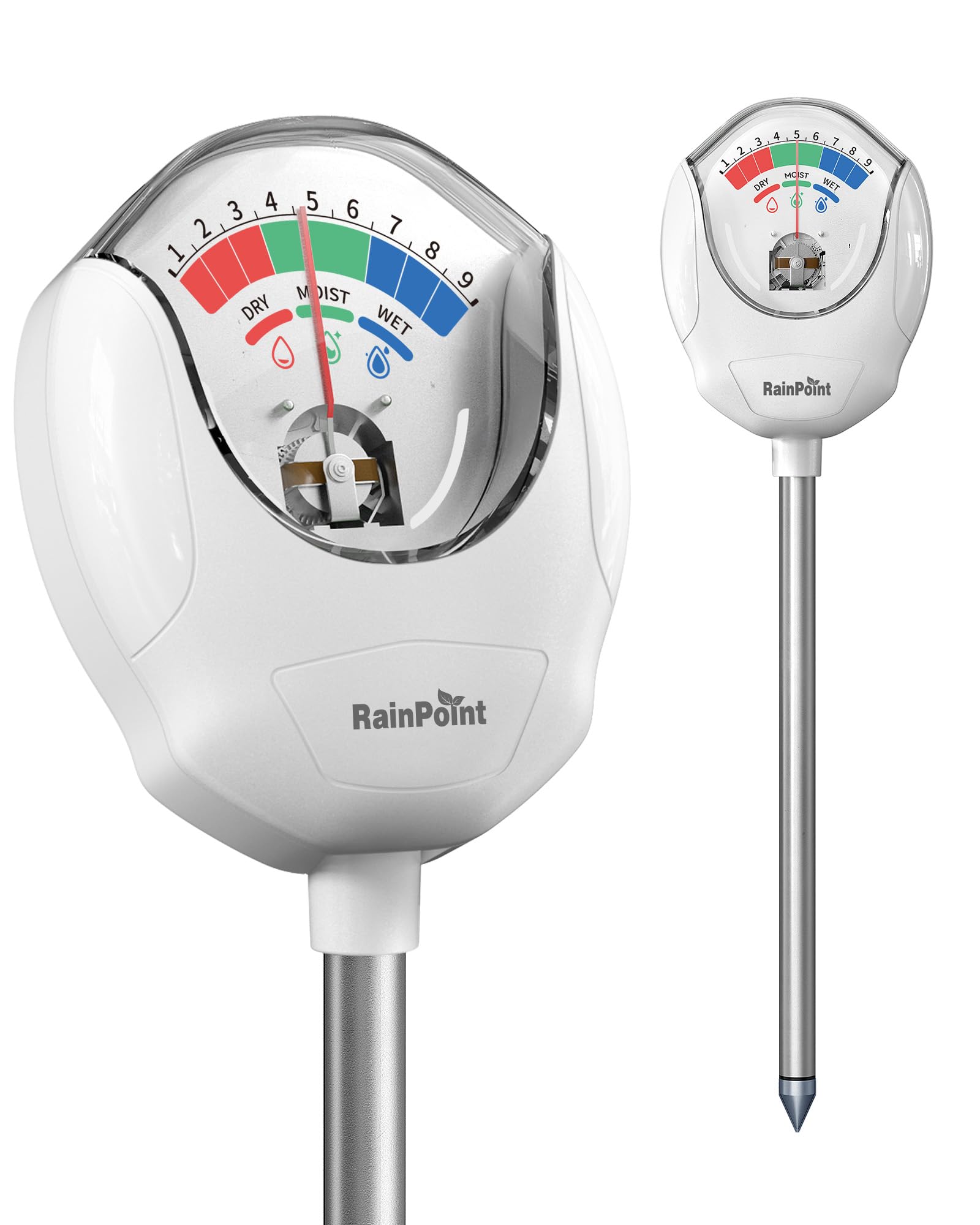 RainPoint soil moisture meter with a 10mm probe measuring soil moisture for precise watering.