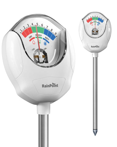 RainPoint soil moisture meter with a 10mm probe measuring soil moisture for precise watering.