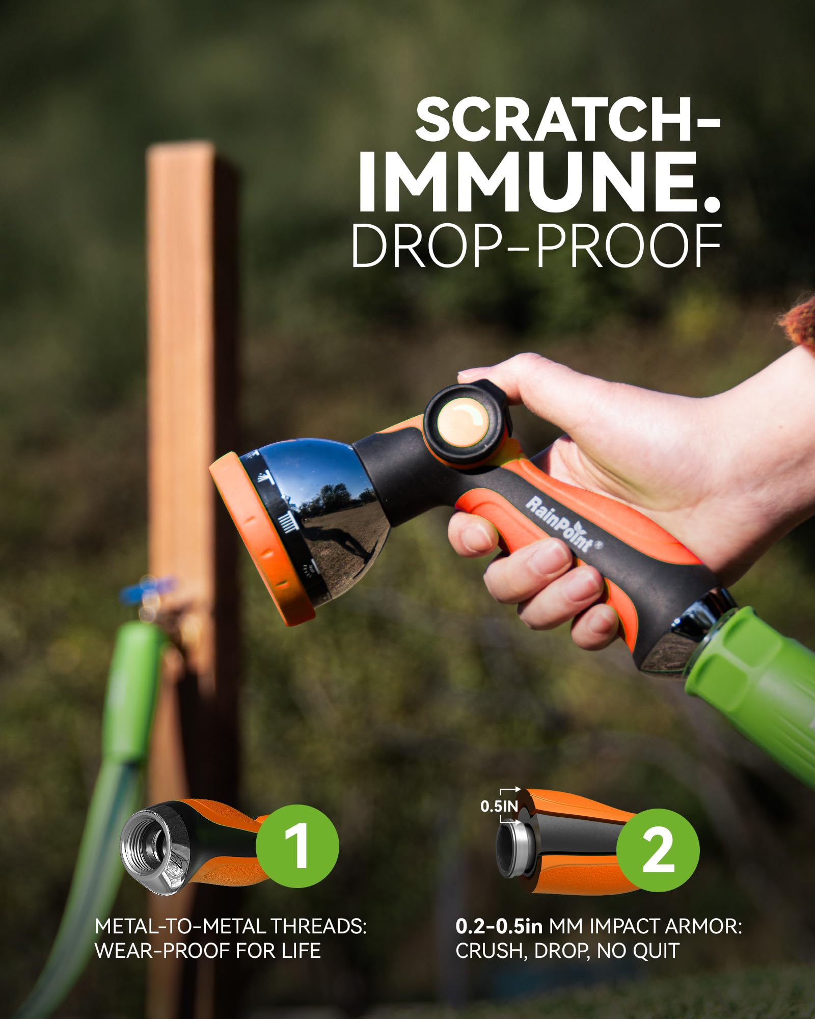RainPoint orange spray nozzle with cone pattern for targeted misting and shrubs.