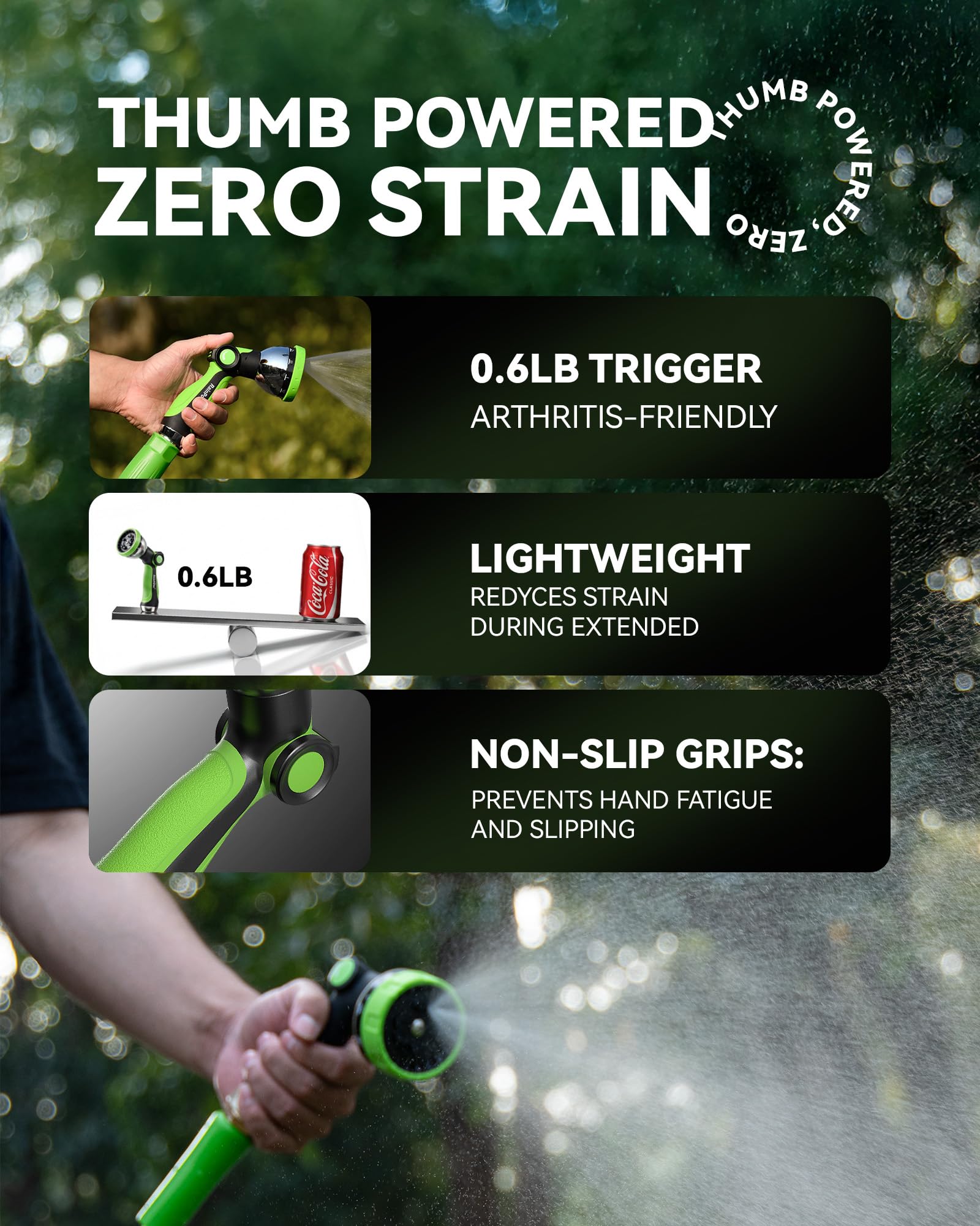 RAINPOINT spray nozzle mist mode provides gentle irrigation for seedlings.