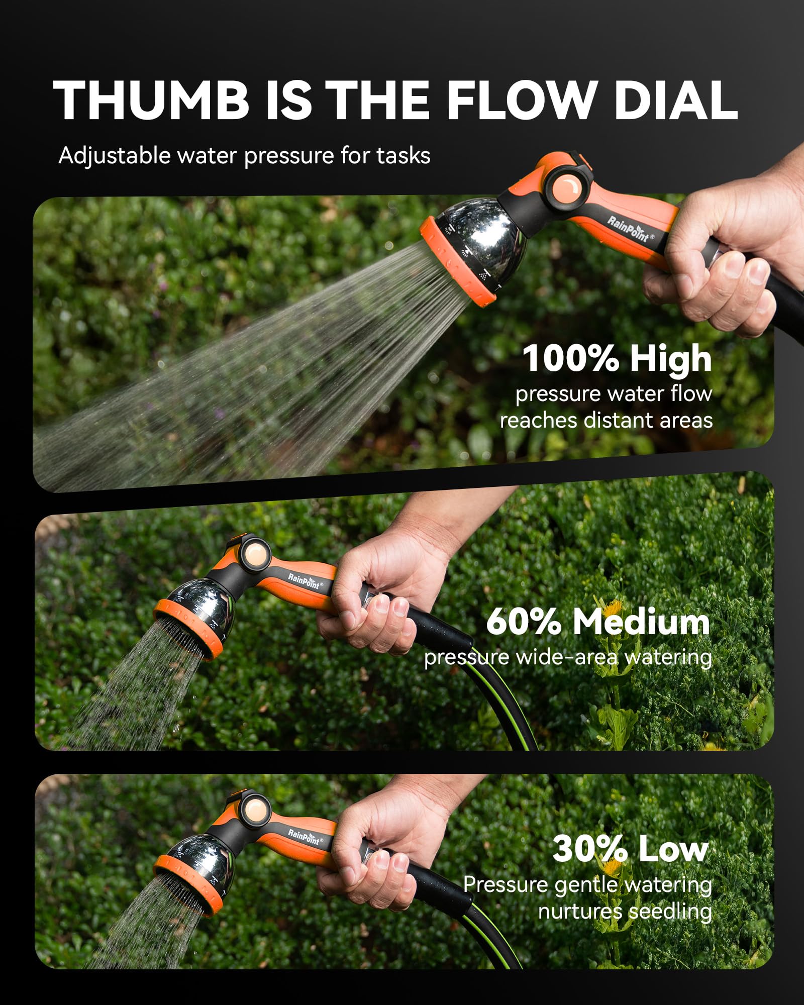 RainPoint orange spray nozzle with shower pattern for blooming flowers and beds.