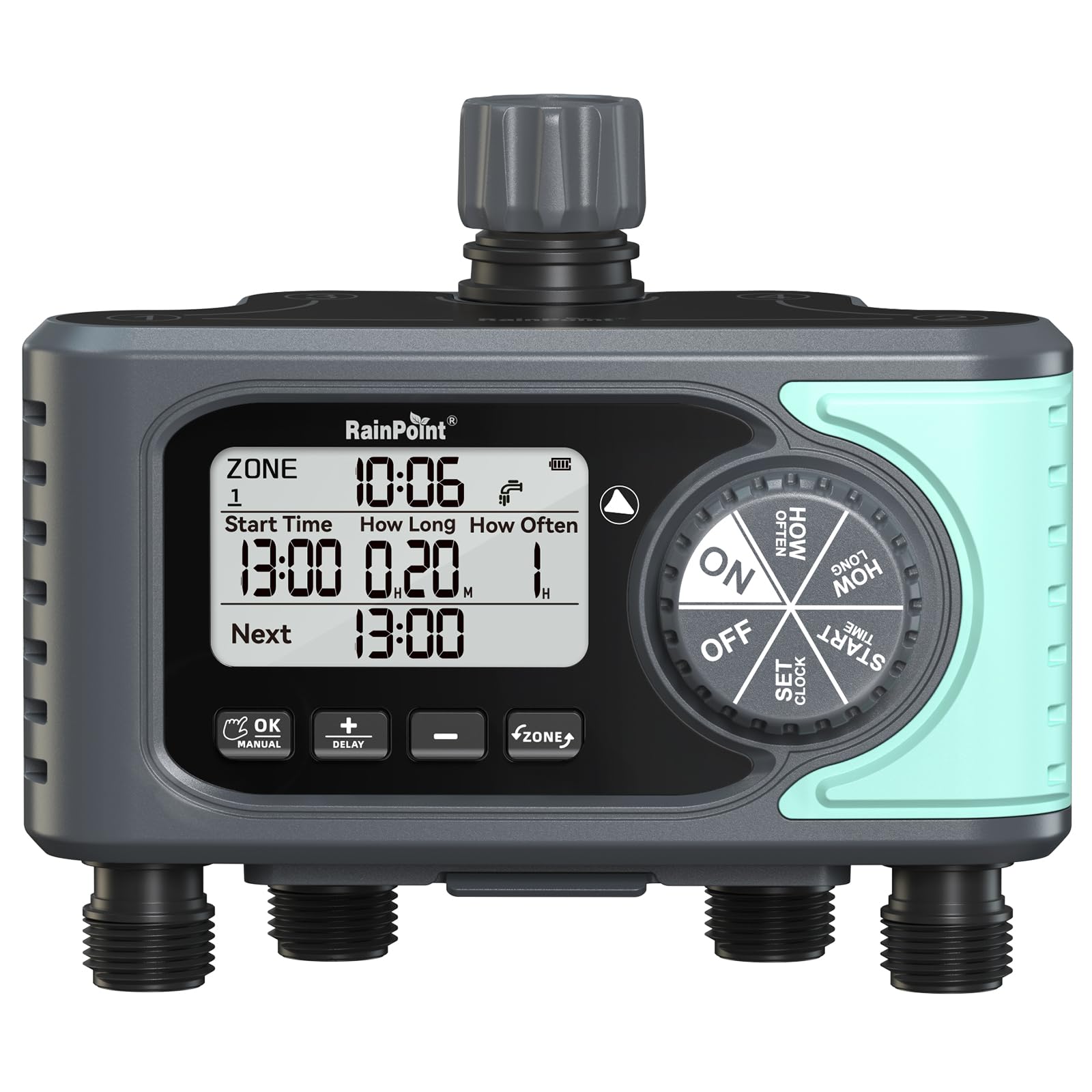 RAINPOINT sprinkler timer with four outlets for precise garden irrigation