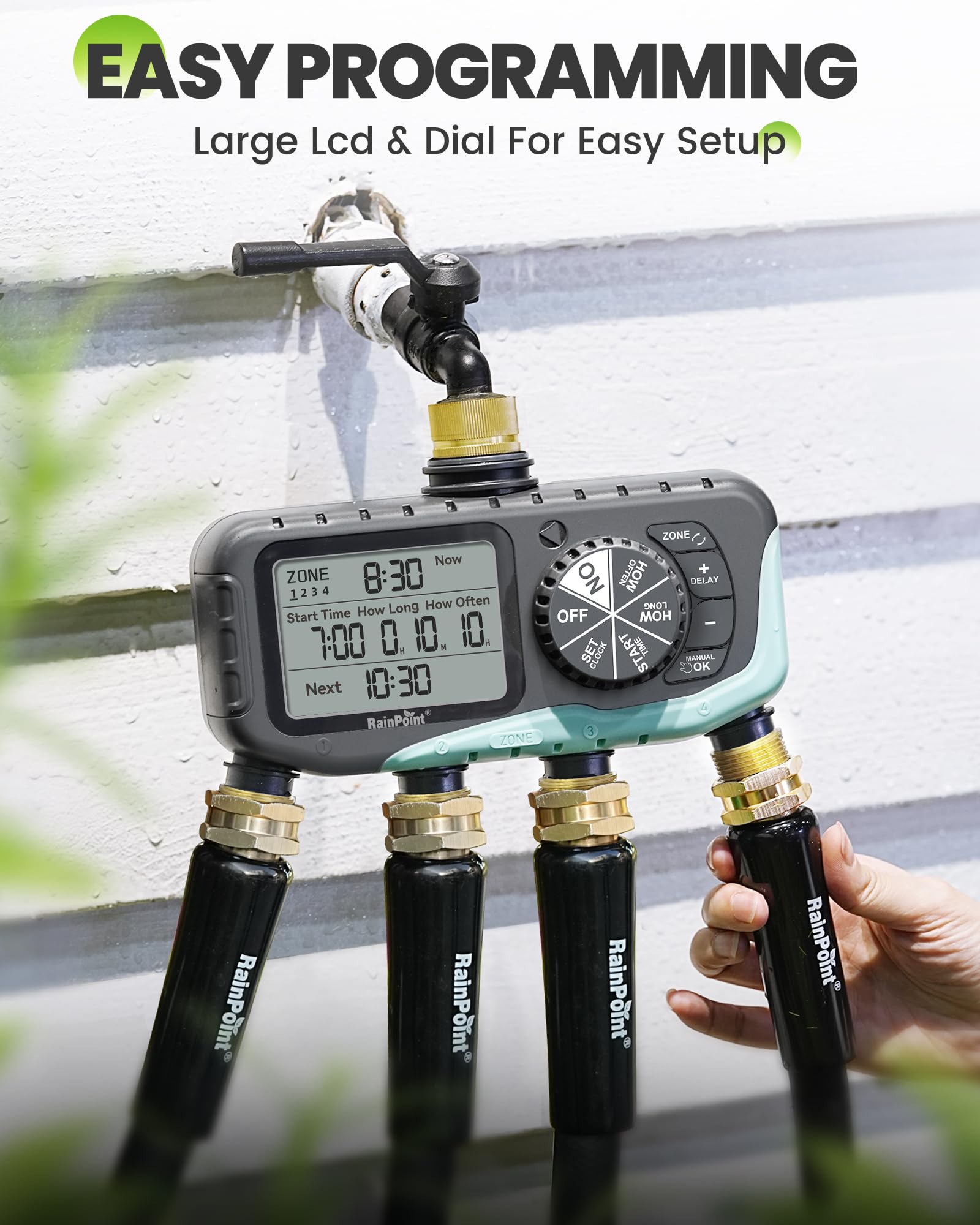 RainPoint 4-zone timer connected hoses shows ready-to-use irrigation across beds