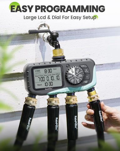 RainPoint 4-zone timer connected hoses shows ready-to-use irrigation across beds
