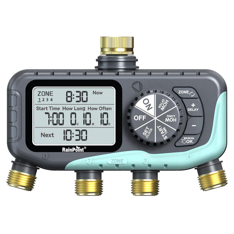 RainPoint 4-zone sprinkler timer front view showing four independent outlets for customized watering