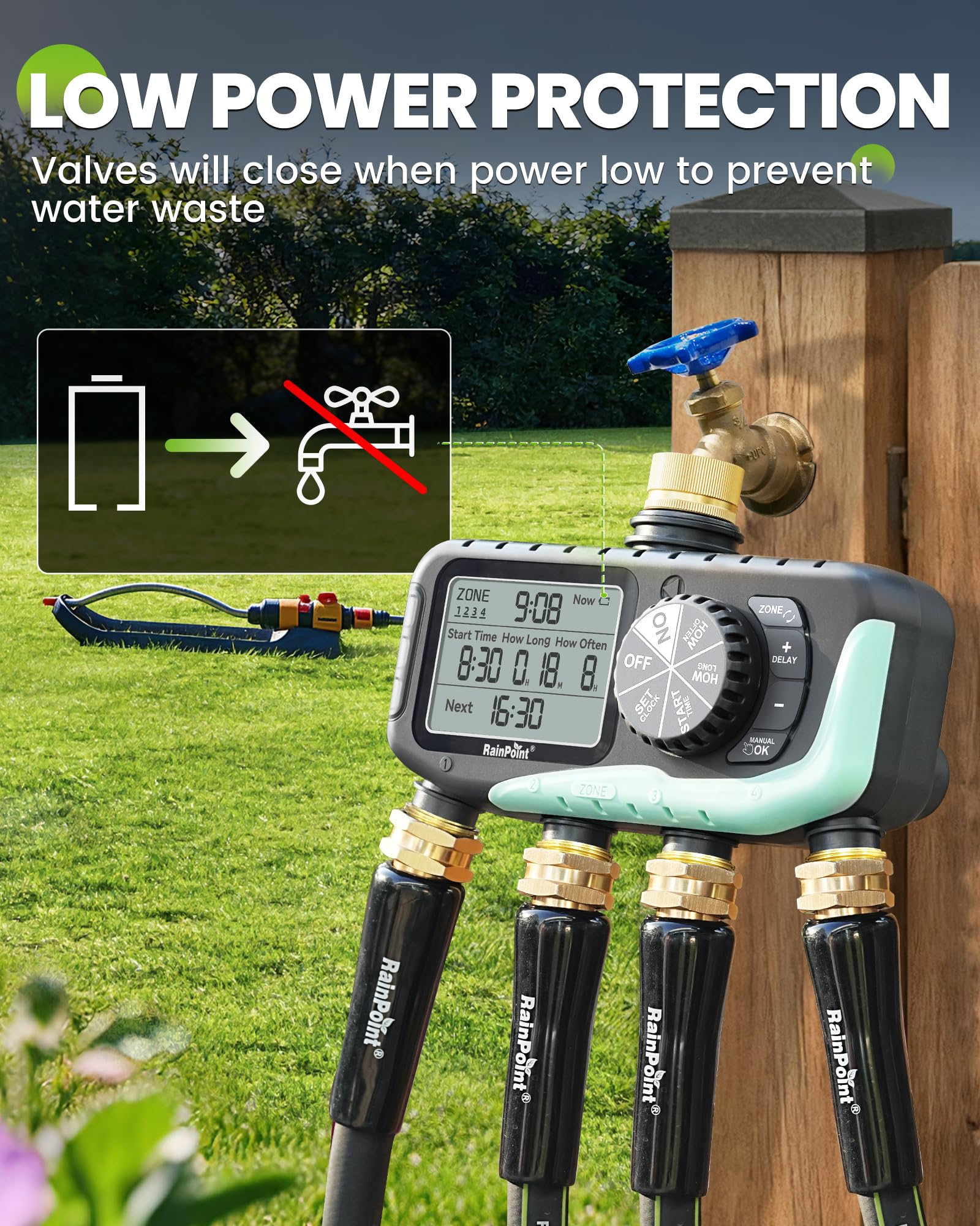 RainPoint 4-zone manual watering mode image illustrating quick non-scheduled watering
