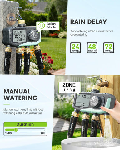 RainPoint 4-zone timer rain delay feature demonstrated for skipped irrigation