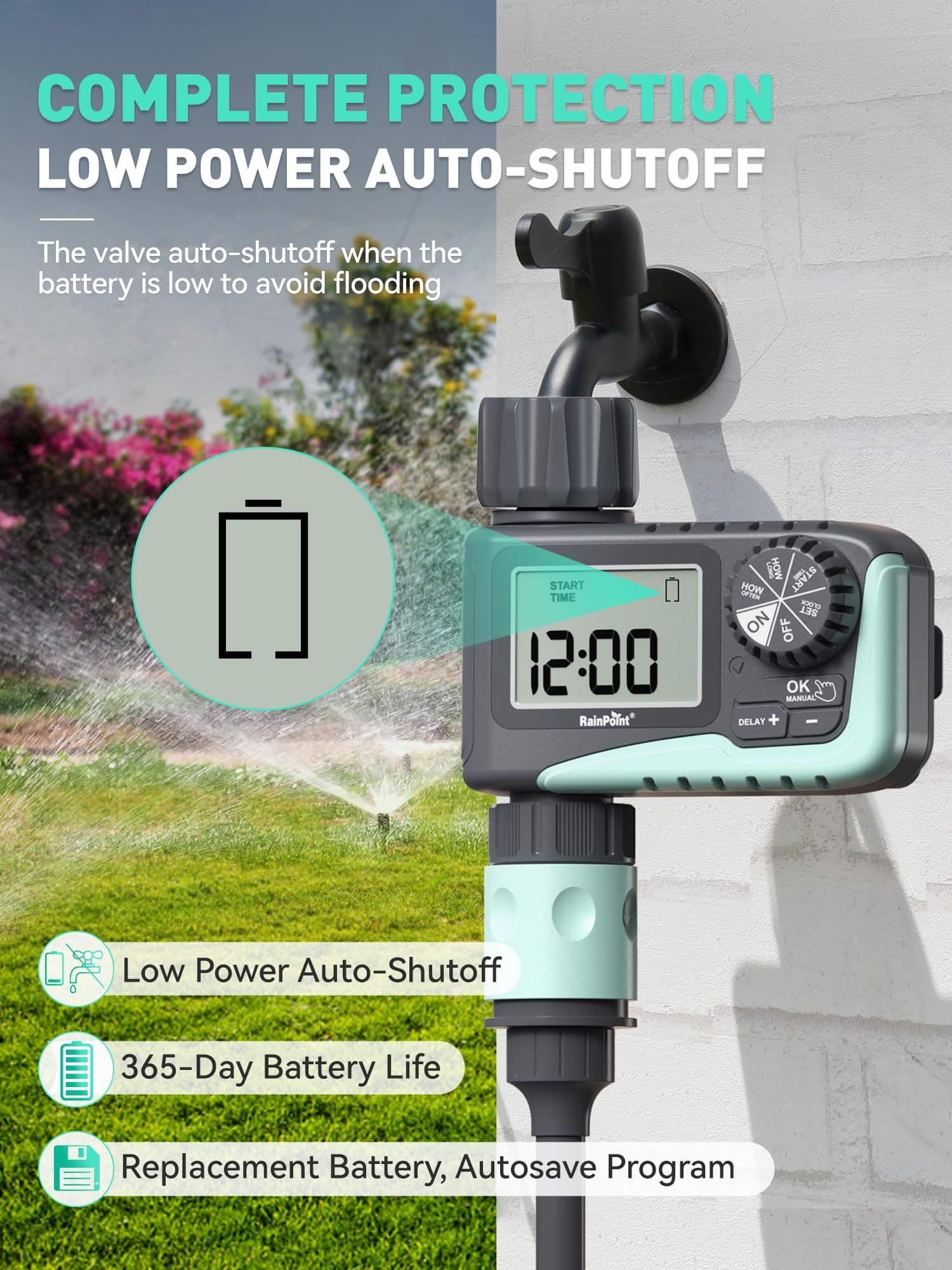 RainPoint timer battery compartment shows power status.