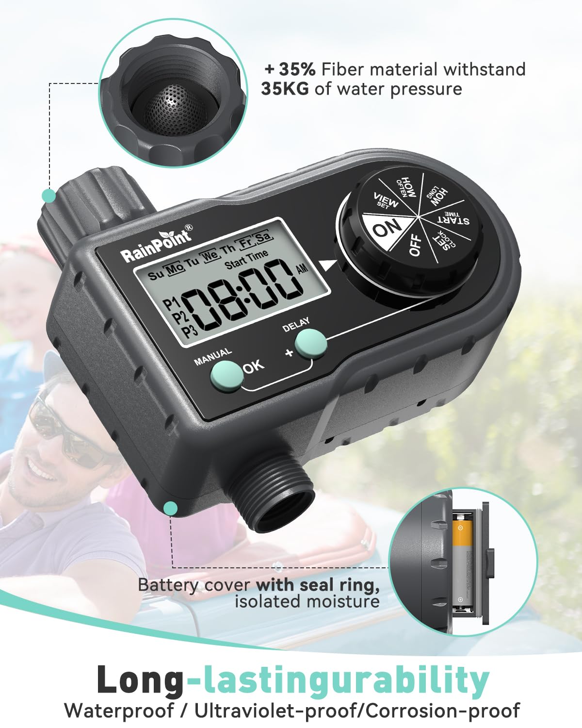 RAINPOINT Sprinkler Timer battery compartment supports long-life operation.