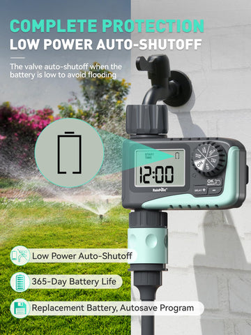 RainPoint timer battery compartment shows power status.