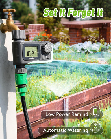 RAINPOINT sprinkler timer battery indicator view signals low battery and auto shutoff.