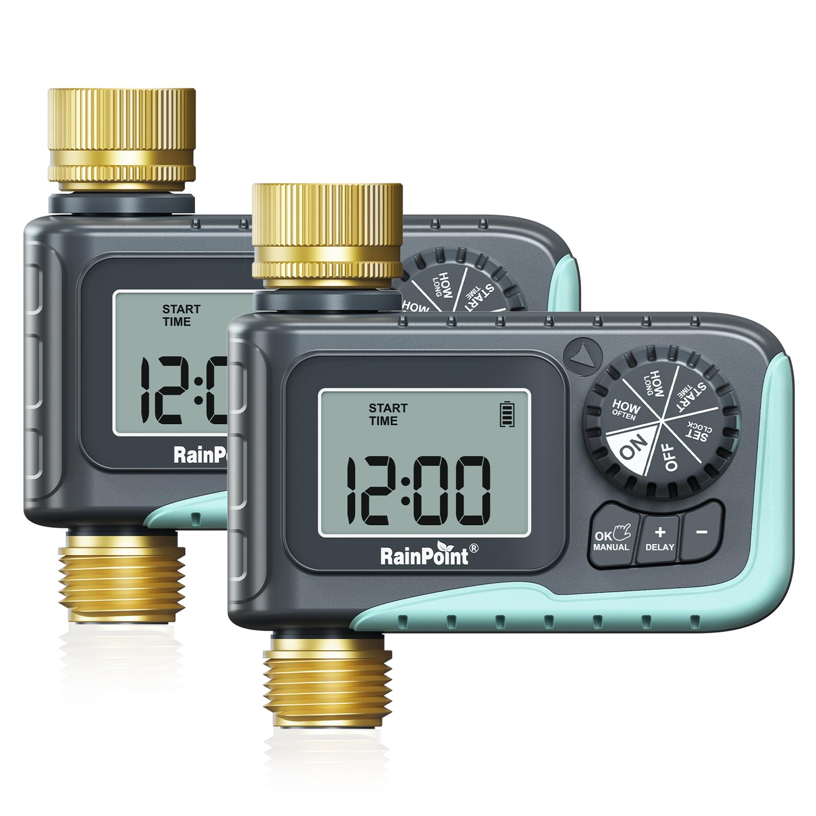 RAINPOINT sprinkler timer with brass inlet and outlet for durable outdoor watering