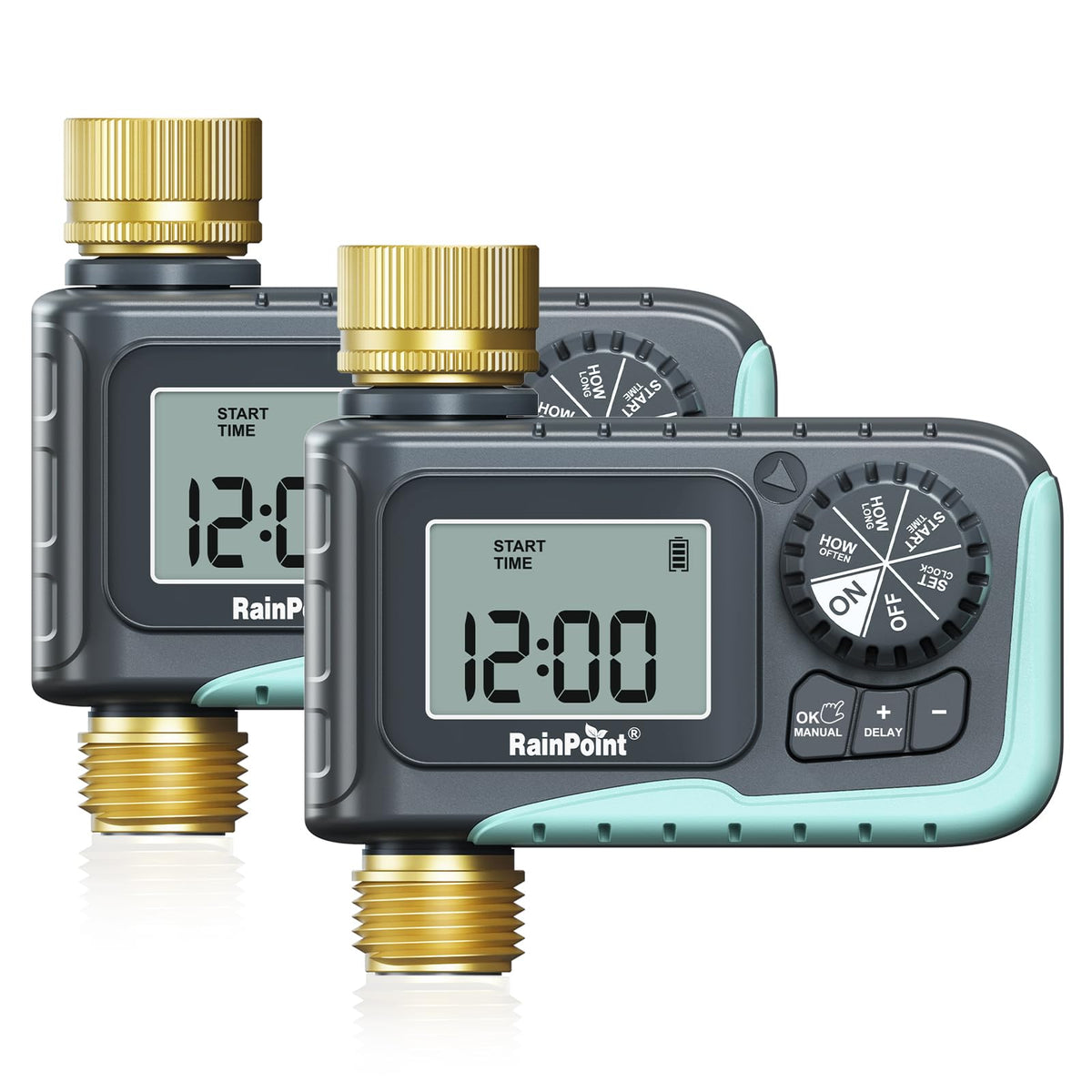 RAINPOINT sprinkler timer with brass inlet and outlet for durable outdoor watering
