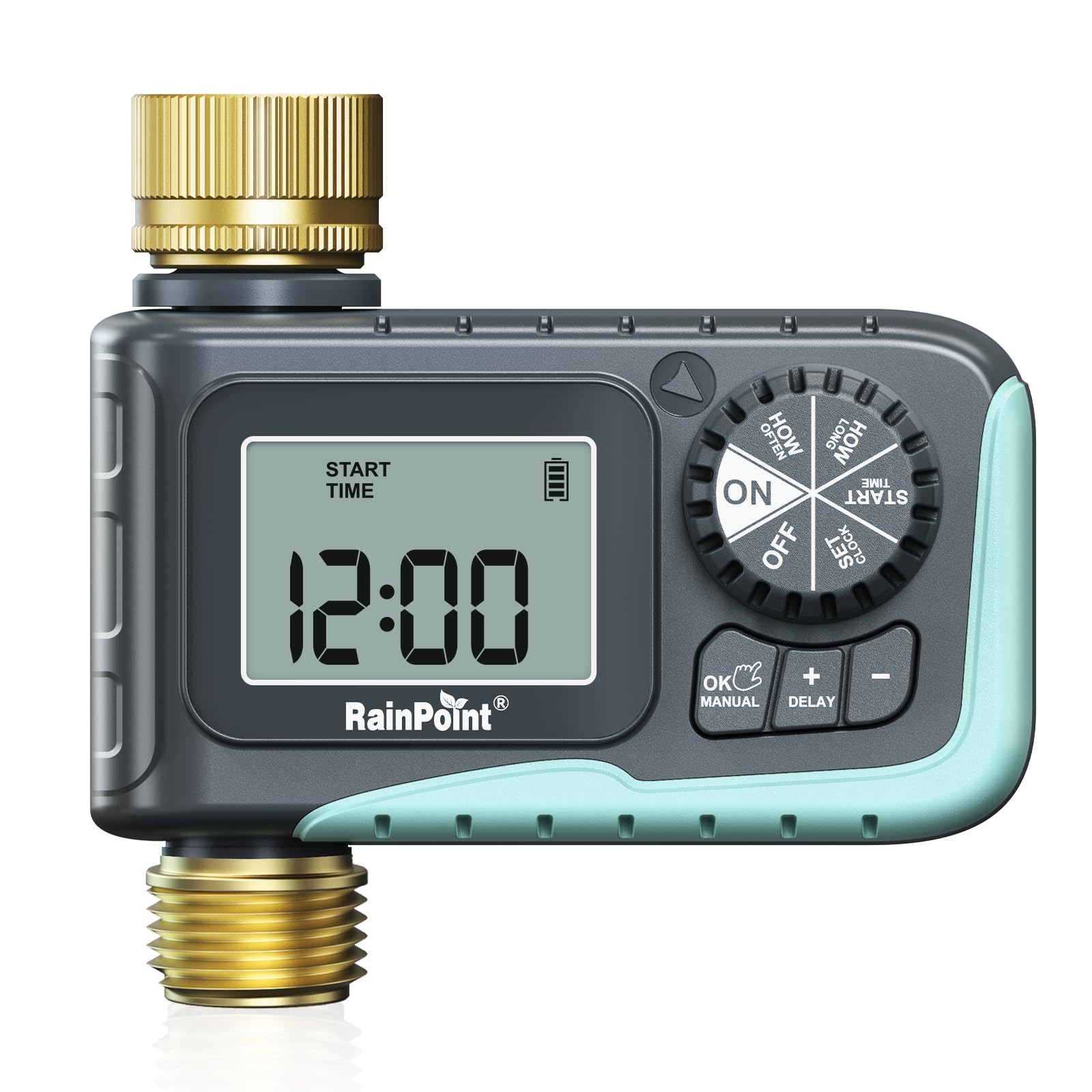 RAINPOINT sprinkler timer with brass inlet and outlet for durable outdoor watering