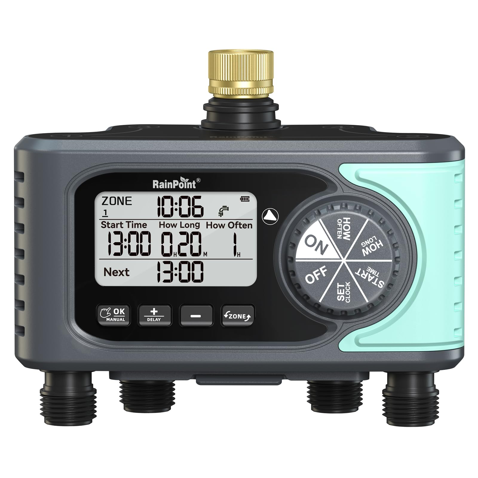 RAINPOINT sprinkler timer with brass inlet for durable outdoor connection