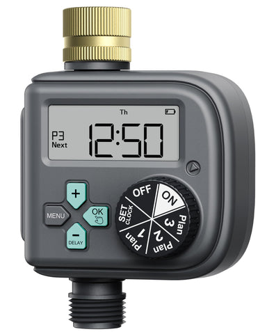 RainPoint sprinkler timer with brass inlet for stronger water flow and wider coverage.