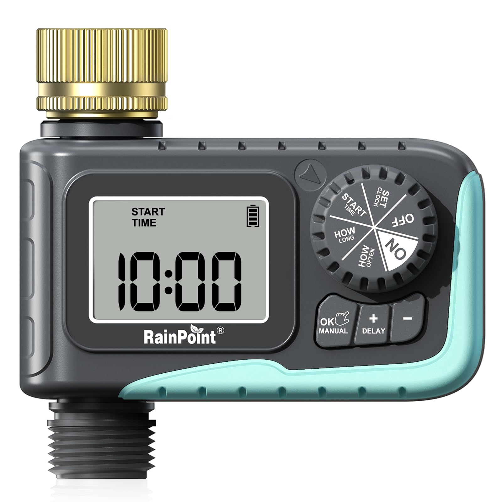 RAINPOINT sprinkler timer with brass inlet for durable outdoor watering.