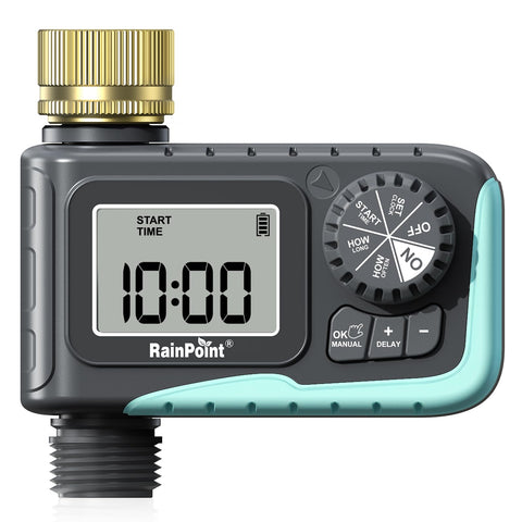 RAINPOINT sprinkler timer with brass inlet for durable outdoor watering.