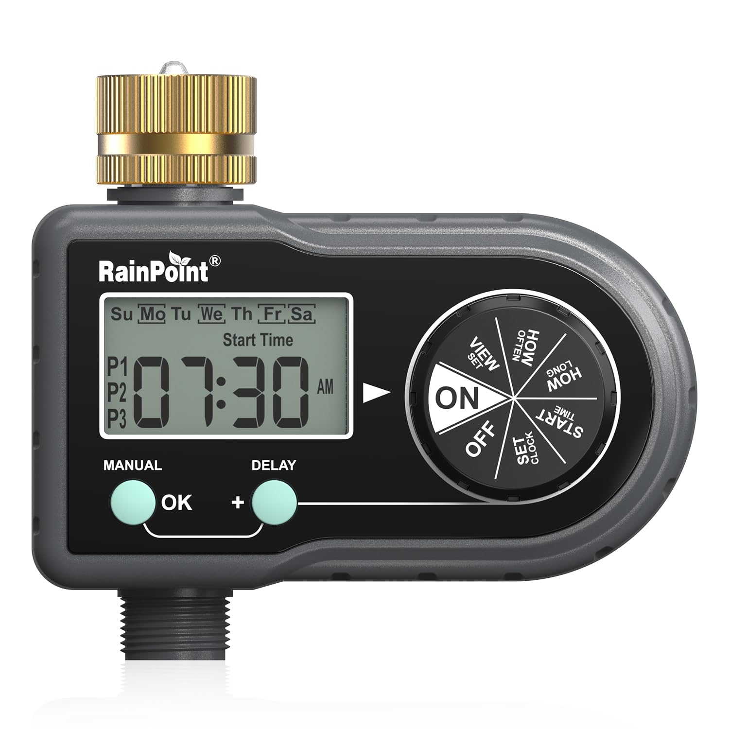 RAINPOINT sprinkler timer with brass inlet for durable garden irrigation.