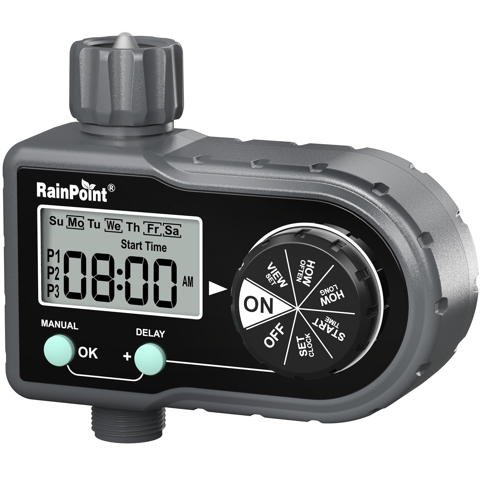 RAINPOINT Sprinkler Timer front view for precise outdoor watering.