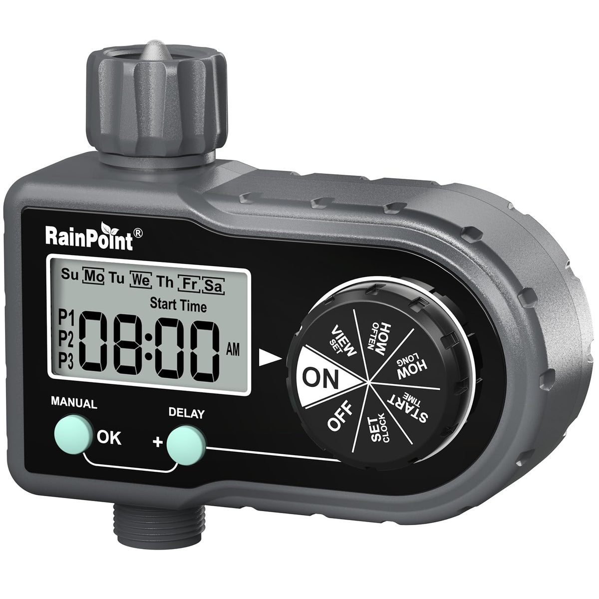 RAINPOINT Sprinkler Timer front view for precise outdoor watering.