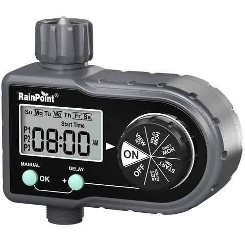 RAINPOINT Sprinkler Timer front view for precise outdoor watering.