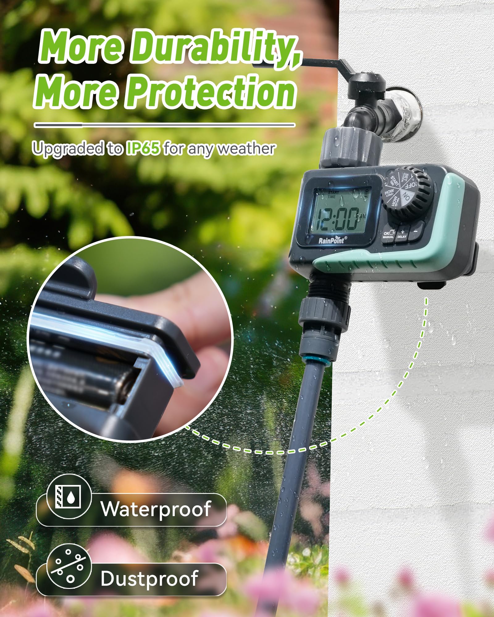 RAINPOINT sprinkler timer inlet filter detail showcases built-in debris protection.