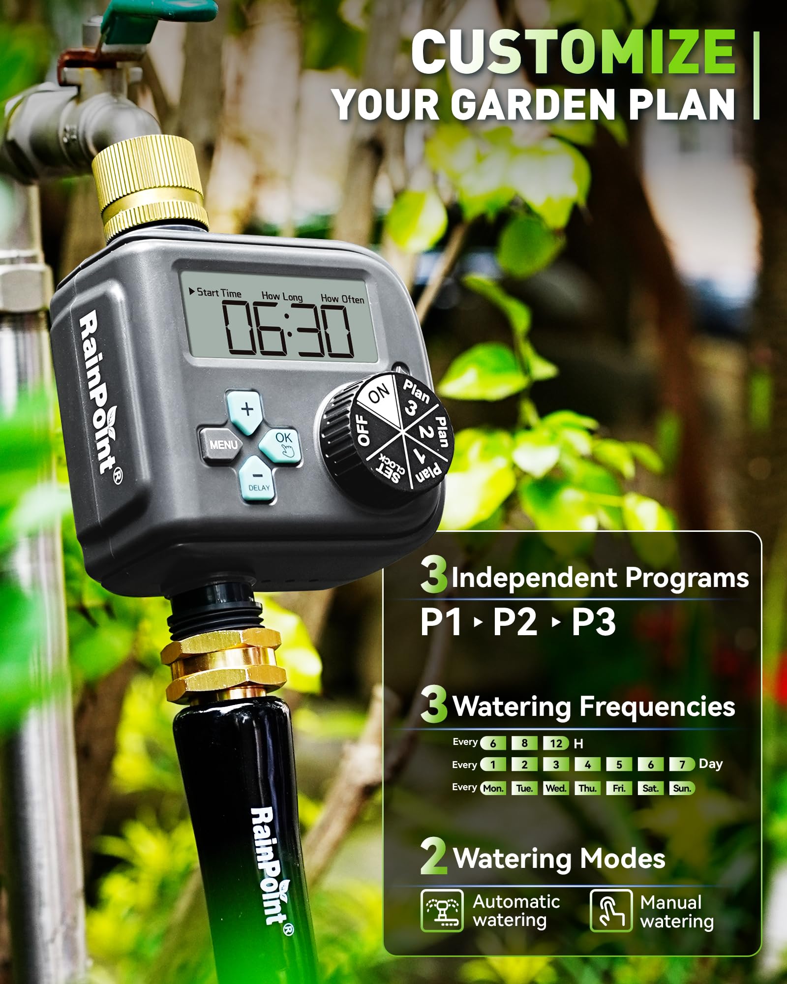 RainPoint sprinkler timer LCD display for quick setup and clear status.